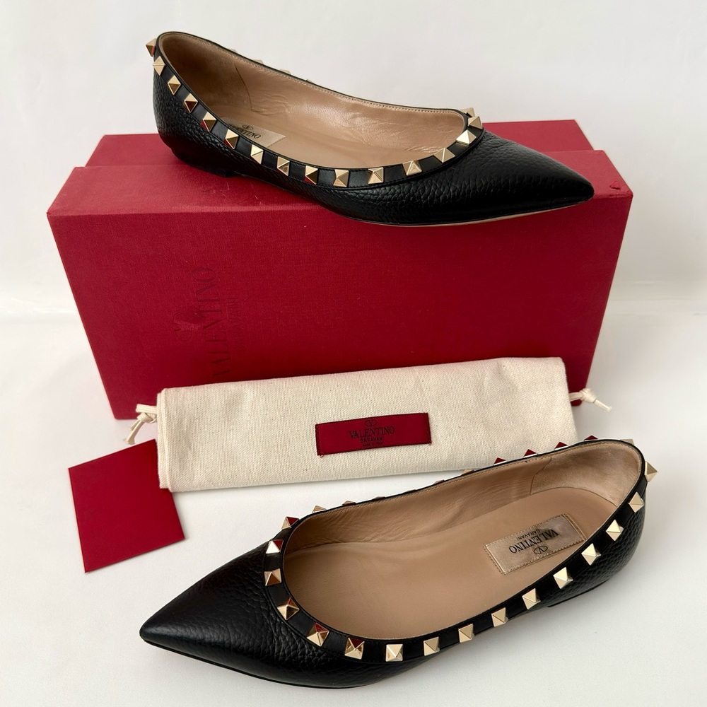 ✨Auth VALENTINO GARAVANI Rockstud Pebbled Leather Pointed Ballerina Flats 36.5 - Picture 15 of 16